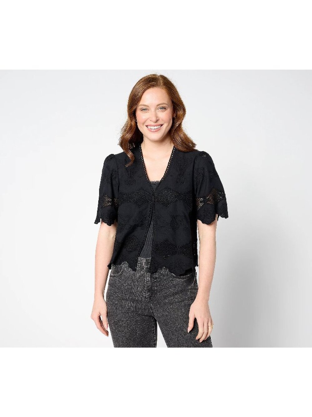LOGO Lavish by Lori Goldstein Eyelet Lace Cropped Jacket Womens XXS Black NEW